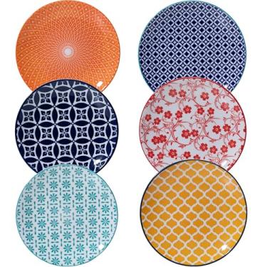 Imagem de LEHAHA Conjunto de 6 pratos de aperitivo de cerâmica, pequenos pratos de sobremesa de 15 cm, prato de salada redondo colorido, pratos de porcelana para bolo, waffle, pão, micro-ondas e lava-louças