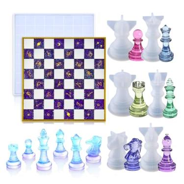 Imagem de SWUAVD Conjunto de moldes de resina de xadrez, molde grande de resina de tabuleiro de xadrez de 30 cm, 6 tipos de moldes de peças de xadrez de silicone 3D para resina epóxi, molde de jogo de tabuleiro