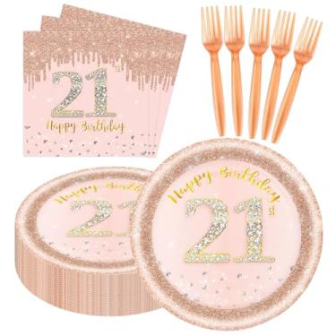 Imagem de 60 peças de decorações de aniversário de 21 anos para mulheres, pratos e guardanapos de aniversário de 21 anos, conjunto de utensílios de mesa descartáveis em ouro rosa, suprimentos de festa para