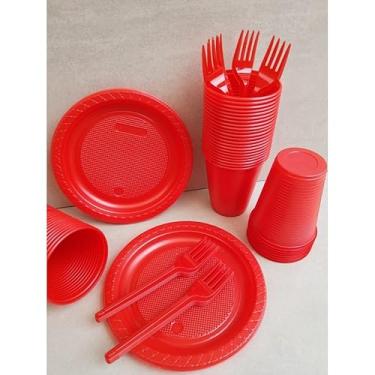 Imagem de Kit Descartável Econômico 150 Itens - Conjunto para Festas com Pratos, Copos e Garfos para Aniversário e Eventos(Vermelho 150 itens)