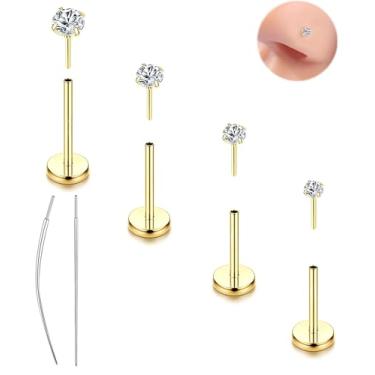 Imagem de Purbeaut Brinco de nariz plano push-in sem costura banhado a ouro 14K, adequado para mulheres e homens, aço médico hipoalergênico, sem linha, joia de piercing de trago e hélice de narina, ouro 18G