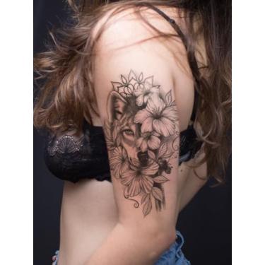 Imagem de Tatuagem de braçadeira preta, lobo selvagem legal com padrão floral, braço, peito, abdômen, costas, corpo temporário, impermeável, adesivo, 1 pacote