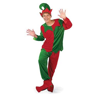 Imagem de Conjunto completo de fantasia de elfo adulto (inclui túnica, calça, chapéu e capas de sapato com jingle bells) acessórios de fantasia de Natal vermelho, verde