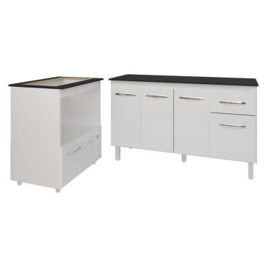 Imagem de Armário Gabinete Camila 138 Cm Com Tampo Tampão E Balcão Evelyn Para Cooktop 5 Bocas Branco E Preto