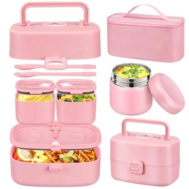 Imagem de JOOPETALK Conjunto de lancheira Bento – lancheira infantil retangular rosa média com 3 compartimentos com sopa térmica de 227 g, recipientes de alimentos à prova de vazamento, lancheira isolada para