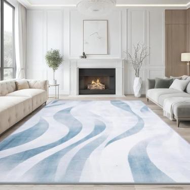 Imagem de Petmolico Tapetes laváveis - 20 x 25 m, estilo geométrico, moderno, tapetes antiderrapantes azuis para sala de estar, quarto, sala de jantar, cozinha, quarto de crianças