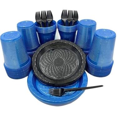 Imagem de Kit 300 Itens Festa Aniversário Descartáveis Plástico Colorido Perolado 100 Pessoas Completo Pratinho Garfinhos Copos (Azul Perolado Preto)