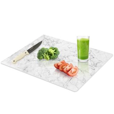 Imagem de Yuzeyurun Tábua de corte de vidro temperado para cozinha, tábua de corte de vidro mármore de 40,6 x 30,5 cm, tábua de cortar vidro com pés antiderrapantes, resistente ao calor, resistente a quebras