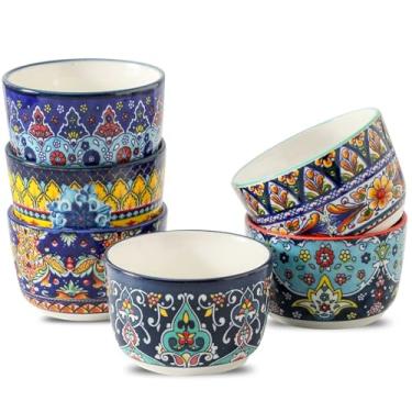 Imagem de Glowworm Conjunto de 6 ramequins de 227 g, ramequins de cerâmica creme brulee, pratos de suflê coloridos para lanches, sorvete, copos de pudim para assar, seguro para forno e lava-louças, boêmio