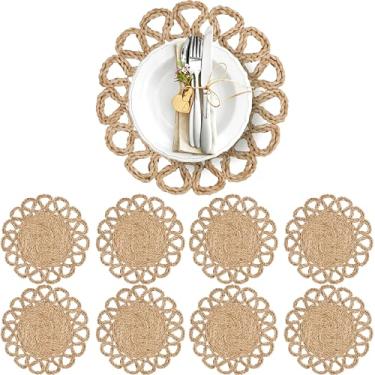 Imagem de Jogo americano redondo de 35 cm de tecido de casca de milho, conjunto com 8 - jogo americano boho de vime para casa de fazenda - tapetes de mesa de vime como jacinto de água para mesa de jantar