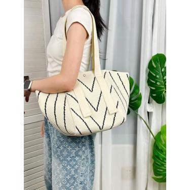 Imagem de Bolsa de mão feminina bolsa de ombro de malha para viagens casuais de trabalho, Bege, Casual