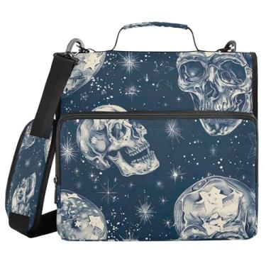 Imagem de SEHANY Fichário com zíper de caveira com alça de ombro, capacidade para 500 folhas, vários bolsos 3,8 cm para fichário com zíper e 3 anéis