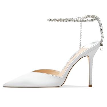 Imagem de Cokvkuu Sandálias femininas de salto alto, corrente de cristal, tiras no tornozelo, fivela de strass, salto alto, stiletto, sem fecho, festa de casamento, sapato social de cetim 9 cm, Branco, 34