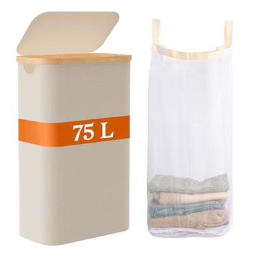 Imagem de JOLLYIN Cesto de roupa suja com tampa, cesto de roupa suja de 75 L com bolsa removível, cesta de roupas sujas de viagem com alças de bambu para banheiro, quarto e lavanderia, bege