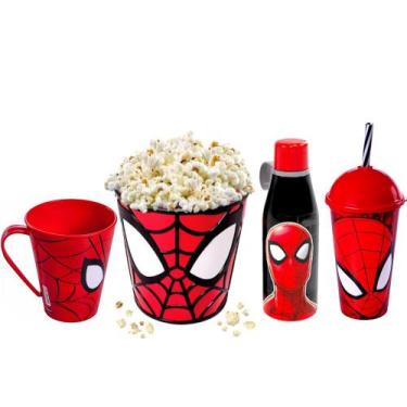 Imagem de Kit 4 em 1 Homem Aranha Spidey Pote Pipoca Copo Caneca Garrafa - Plasú