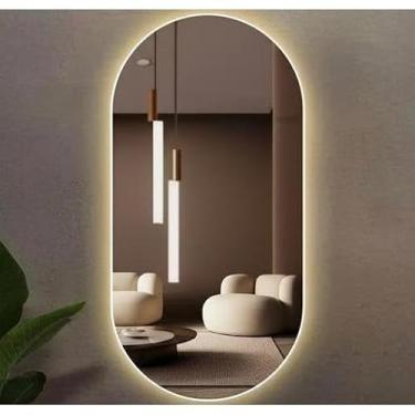 Imagem de Espelho Oval Grande com LED Sem Fio para Banheiro e Quarto Luz Quente e Fria Espelho Decorativo de Parede (LED FRIO,80X50)