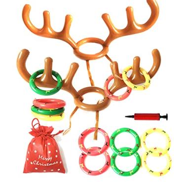 Imagem de Conjunto de Jogo Arremesso Anéis com Chifres Renas Infláveis 2 Chapéus 12 1 Bomba Sacola Armazenamento Rudolph para Festa Familiar Indoor