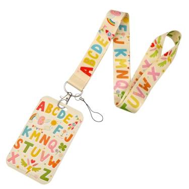 Imagem de BKBKAAK Cordão de alfabeto colorido com porta-cartão de identificação, estampa ABC divertida com foguete, trevo, designs de coração, alça de pescoço macia e suporte de crachá de plástico para escola