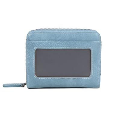 Imagem de Carteira fina feminina pequena de couro com porta-cartão de crédito minimalista com bolso frontal com porta-moedas e bolsas, Azul, Minimalismo