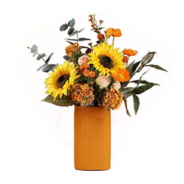 Imagem de LMJYU Flores artificiais girassol flor artificial com vaso de cerâmica para decoração de arranjo de flores em casa festa de casamento conjunto de flores falsas de tecido de seda