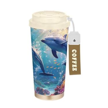 Imagem de Wassud Caneca de café de viagem isolada com golfinho engraçado copo à prova de vazamento com tampa e canudo garrafa de água de aço inoxidável para café quente/gelo, chá e cerveja