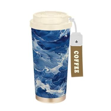 Imagem de Wassud Caneca de café de viagem isolada Blue Waves copo à prova de vazamento com tampa e canudo garrafa de água de aço inoxidável para café quente/gelo, chá e cerveja