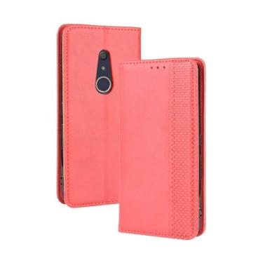Imagem de Capa flip de couro para Fujitsu Arrows Be4,Flip magnético retro,Caso de telefone de couro PU,Design de carteira com 3 slots de cartão e 1 clipe de dinheiro -Red