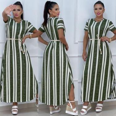 Imagem de Vestido Feminino Longo Listrado Fenda Lateral Único Veste 38 ao 48 Ver