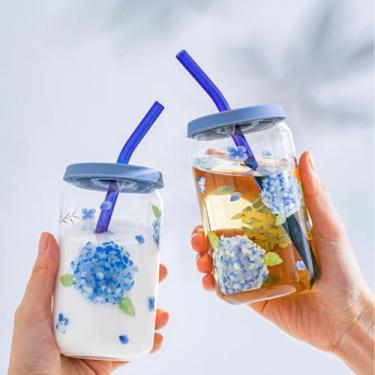 Imagem de zhqinger Frasco de vidro de hortênsia de 400 ml com tampa de silicone e canudo de vidro, frascos reutilizáveis para sucos, leite, smoothie, kola, presente de kombucha para mulheres e meninas