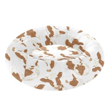 Imagem de SEHANY Cama de cachorro com estampa de vaca marrom, removível e lavável, pequena, redonda, cama de gato fofa, super macia, confortável para animais de estimação com fundo antiderrapante para cães