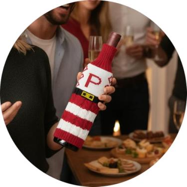 Imagem de Capa de garrafa de vinho, decoração de mesa de Natal divertida para festas de fim de ano, manga de vinho de malha para troca de presentes, decoração de casa