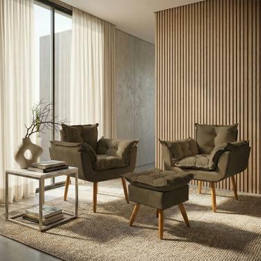 Imagem de Kit 2 Poltronas Decorativa e Puff Para Sala Recepção Manicure Consultório Quarto Alice Tecido Suede