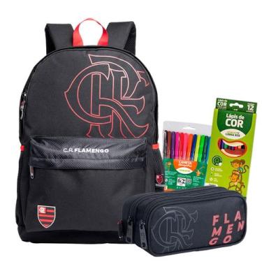 Imagem de Kit Mochila Costas + Estojo Futebol Flamengo Juvenil Meninos - Xeryus