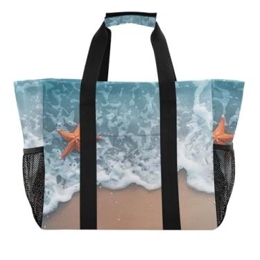 Imagem de ODAWA Bolsa de praia aberta resistente à água para mulheres, bolsa de viagem de estrela do mar com bolsos, Estrela-do-mar de praia, One Size