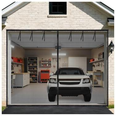 Imagem de Tela de porta de garagem para 1 carro de garagem de 2,5 x 1,8 m, porta de fibra de vidro resistente com fecho magnético mãos-livres, bordas reforçadas e fundo pesado para oficina, pátio e academia sem