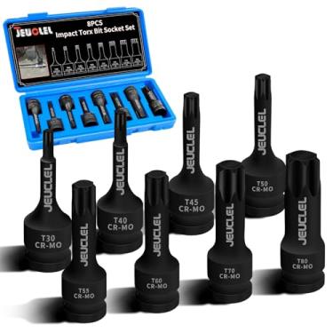 Imagem de JEUCLEL Conjunto de soquetes Torx Star de 6 pontos Torx Star, T30 T40 T45 T50 T55 T60 T70 T80 1/2 polegada unidade de impacto Allen Kit de soquete de aço Cr-Mo Ferramenta de reparo manual