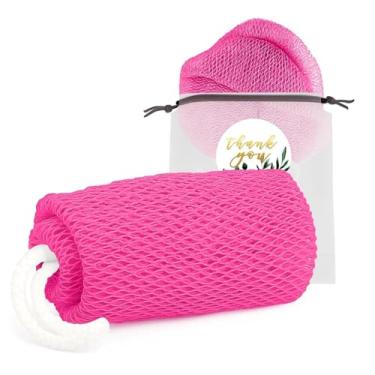 Imagem de 1 esponja de rede esfoliante africana, esfregão traseiro de tira longa, acessórios de banho de chuveiro esfoliante corporal (rosa)