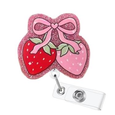 Imagem de Carretel de crachá de laço de morango fofo com glitter rosa clipe de crachá de acrílico para enfermeiras acessórios de etiqueta de nome de enfermeira suporte de crachá de morango com clipe jacaré e