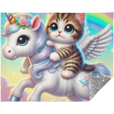 Imagem de TSENQUE Manta xadrez personalizada de gato unicórnio gato xadrez cobertor para sofá cinza 177,8 cm x 139,7 cm