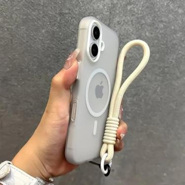 Imagem de Capa de silicone macia fosca com cordão para iPhone 16, 15, 14 Pro Max Plus, 16e, 13, 11, 12, com alça de pulso, branca, para iPhone 15 Pro