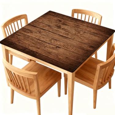 Imagem de Phyxara Toalha de mesa quadrada ajustada com textura de madeira escura de poliéster à prova d'água com bordas elásticas para banquete, pátio, festa, jantar, festa, uso para mesa quadrada de 91 x 91 cm
