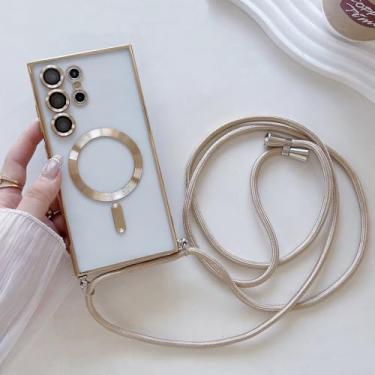 Imagem de Capa transparente com cordão para Samsung S24 S23 S22 S21 Ultra Plus, capa magnética com cordão para carregamento sem fio, dourada, para S21