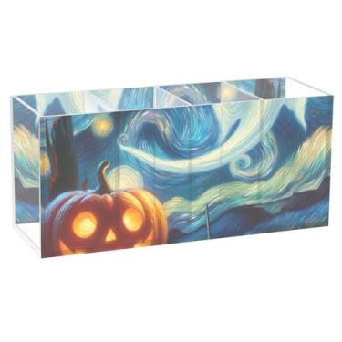 Imagem de TSENQUE Porta-lápis de mesa decorativo personalizado fofo Halloween abóbora noite estrelada artesanato caddy acrílico lápis pincel copo de maquiagem