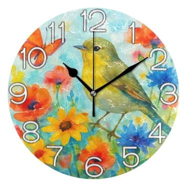 Imagem de GAIGEO Relógio de parede analógico decorativo escritório cozinha relógio estético silencioso sem tique-taque, decoração de parede de casa de fazenda moderna, flores em aquarela, pássaro borboleta, 25