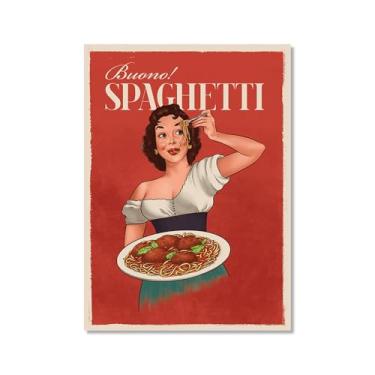Imagem de Impressões em tela engraçadas italianas de comida e bebida – Pôster retrô de mulher em vidro com Limoncello Spaghetti Vino Pasta Cozinha Bar Decoração de parede (SKU3,12 x 45,7 cm = (30 x 45 cm), sem