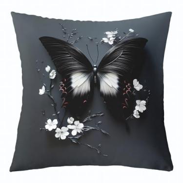 Imagem de Feelyou Capas de almofada de borboleta preta para meninas, 1 peça 56 cm x 56 cm, capa de almofada floral branca para sofá, cama, cadeira de carro, decoração de arte abstrata moderna chique