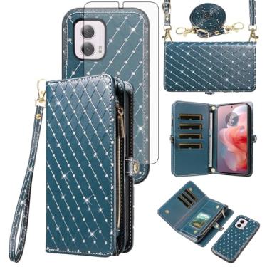 Imagem de Capa de celular para Motorola Moto G Power 5G 2024 com zíper carteira destacável com protetor de tela de vidro temperado alça transversal alça flip glitter porta-cartão slot G5 mulheres meninas verde