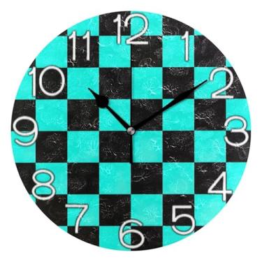 Imagem de GAIGEO Relógio de parede analógico decorativo relógio de cozinha rústico funky alimentado por bateria, decoração de parede de meados do século sala de estar, quadrados de xadrez preto turquesa, 25 cm