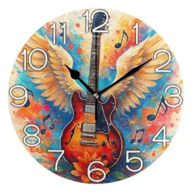 Imagem de Relógio de parede analógico decorativo relógio de cozinha rústico funky alimentado por bateria, decoração de parede vintage sala de estar notas asas de guitarra elétrica, 25 cm, ponteiros pretos
