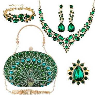 Imagem de HIKIMA Conjunto de joias de strass com 5 peças, bolsa de mão de diamante de cristal de pavão verde com colar, pulseira, brincos pendentes para casamento, noiva, mulheres, formatura, dia dos namorados